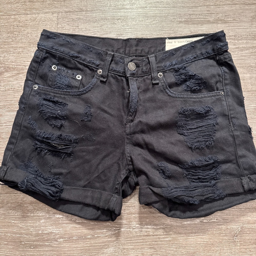Rag‎ & Bone Shorts Womens 24 Black Rebel Cotton Thrashed Denim Low Waist USA
